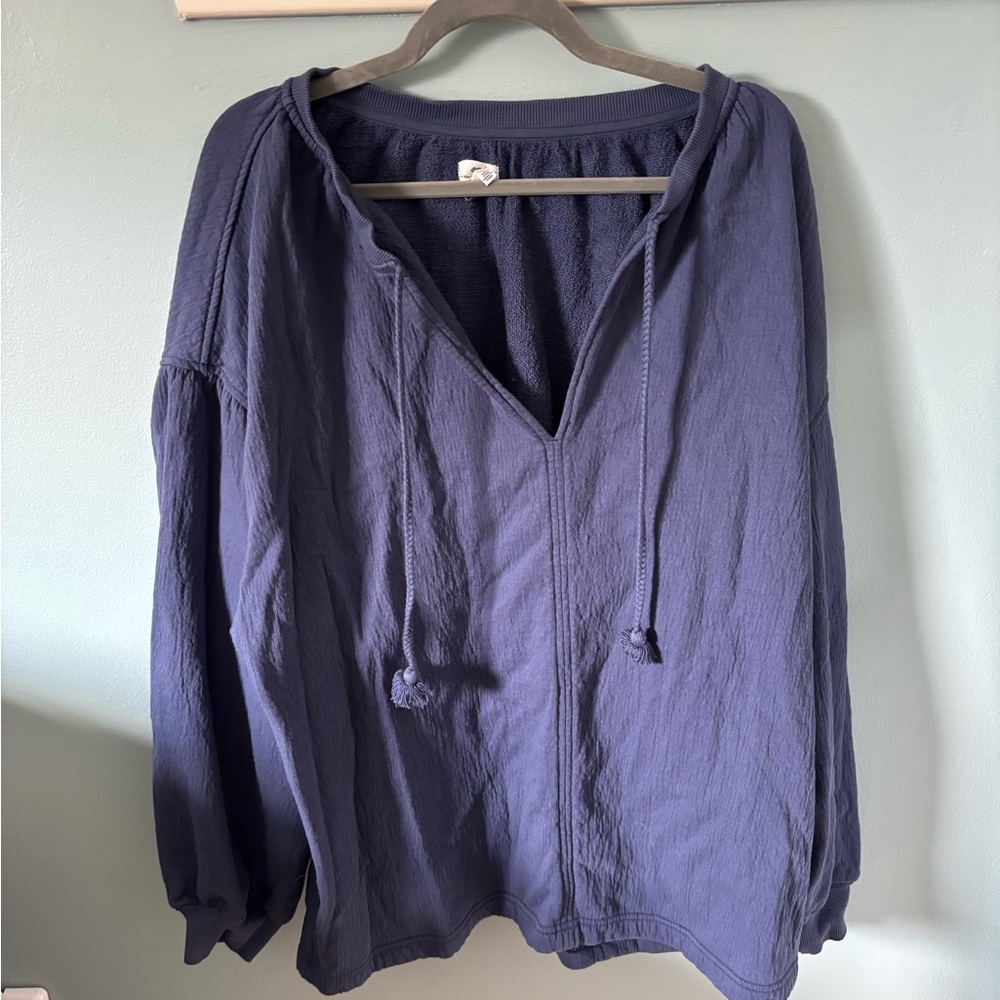 aerie Navy V-Neck Pullover Hoodie with Drawstrings
